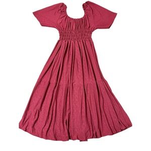Womens Medium Burgundy Eyelet Smocked Waist Maxi Dress Square Neck Boho Tiered